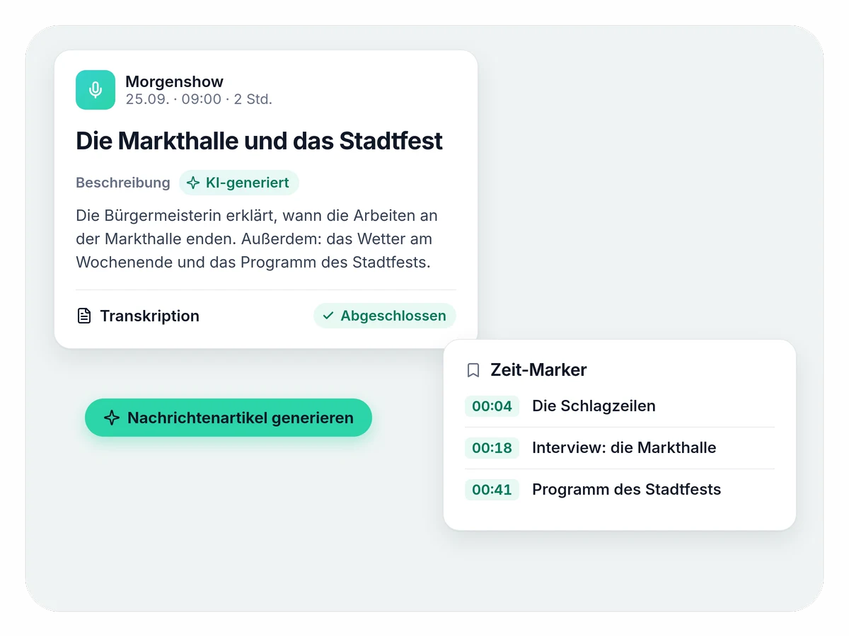 Eine Folge der Morgenshow mit KI-generiertem Titel und Beschreibung, fertigem Transkript, drei Zeitmarkern mit den Themen der Sendung und der Schaltfläche „Nachrichtenartikel generieren“.