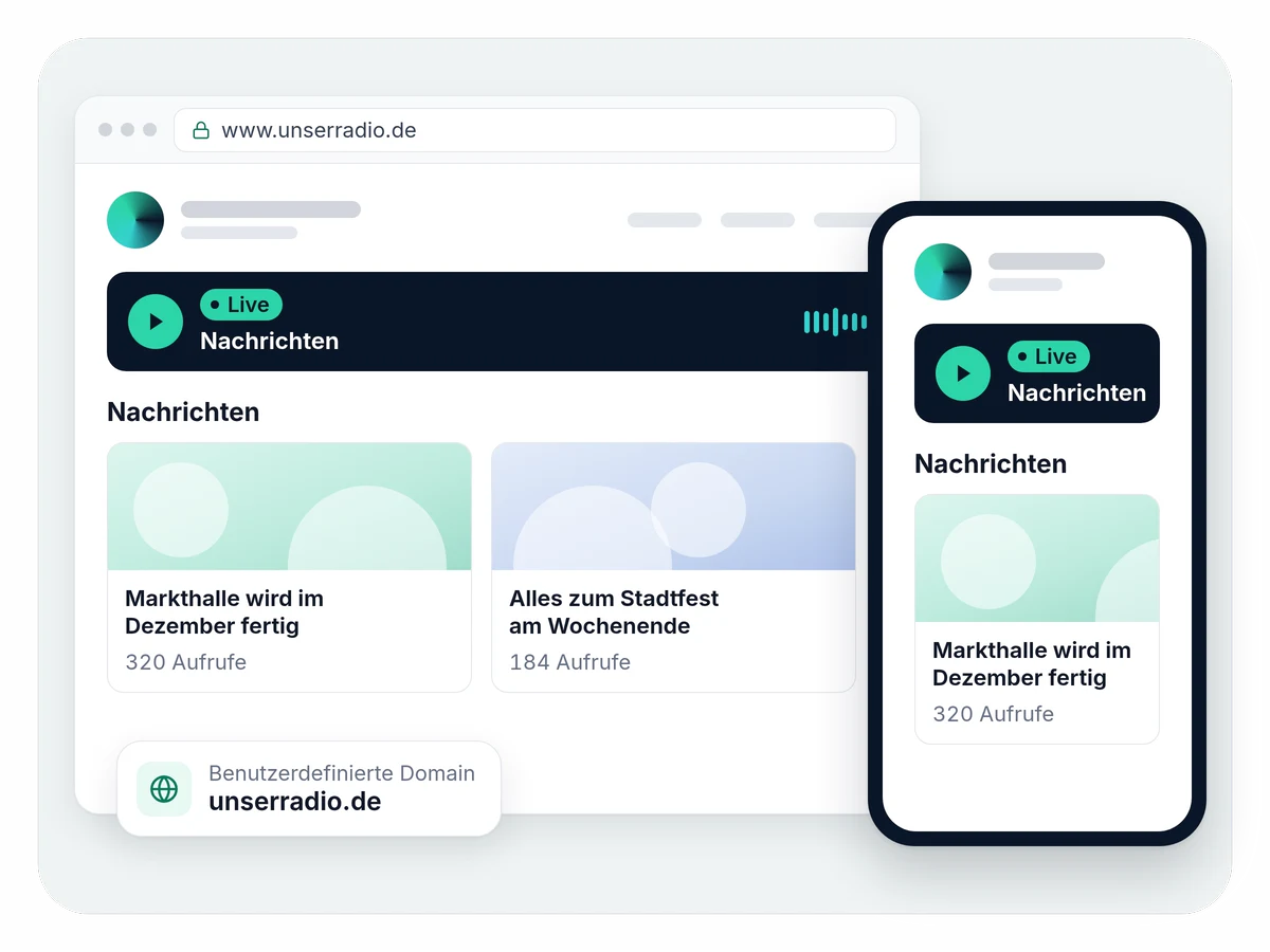 Die Website eines Senders unter eigener Domain, www.unserradio.de, im Browser und auf dem Handy, mit Live-Player und Nachrichten.