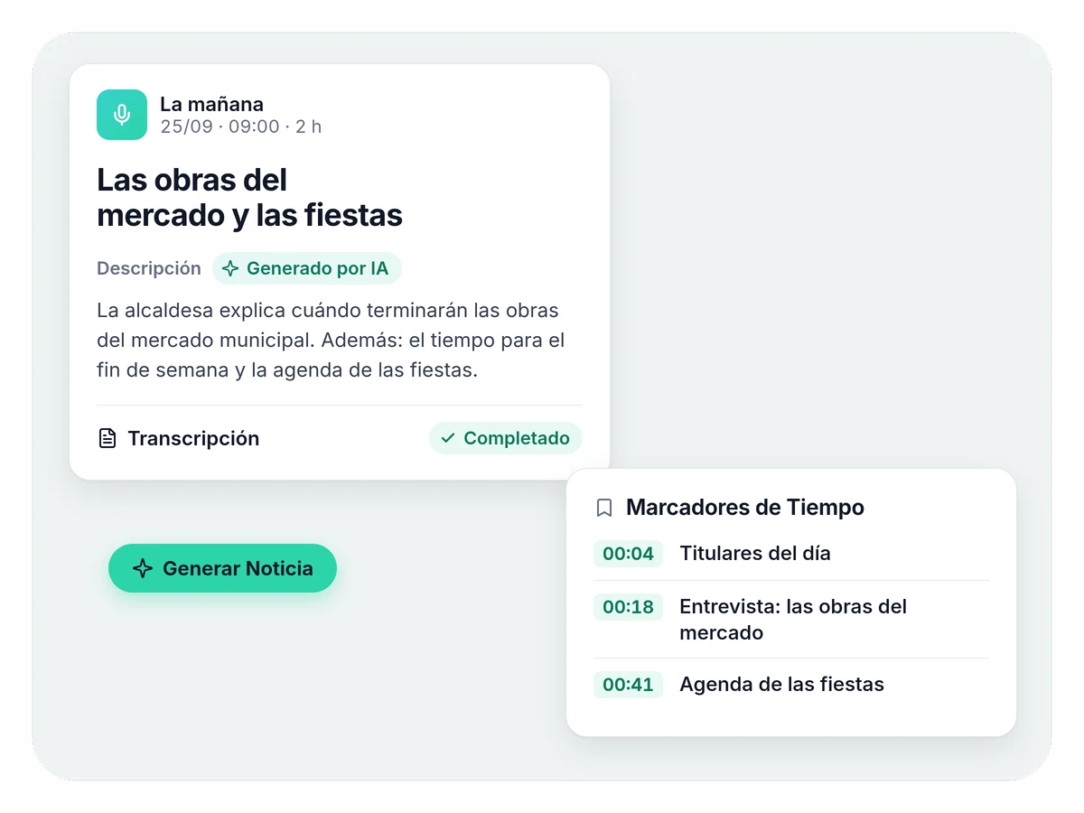 Un episodio de La mañana con el título y la descripción generados por IA, la transcripción completada, tres marcadores de tiempo con los temas del programa y el botón «Generar Noticia».