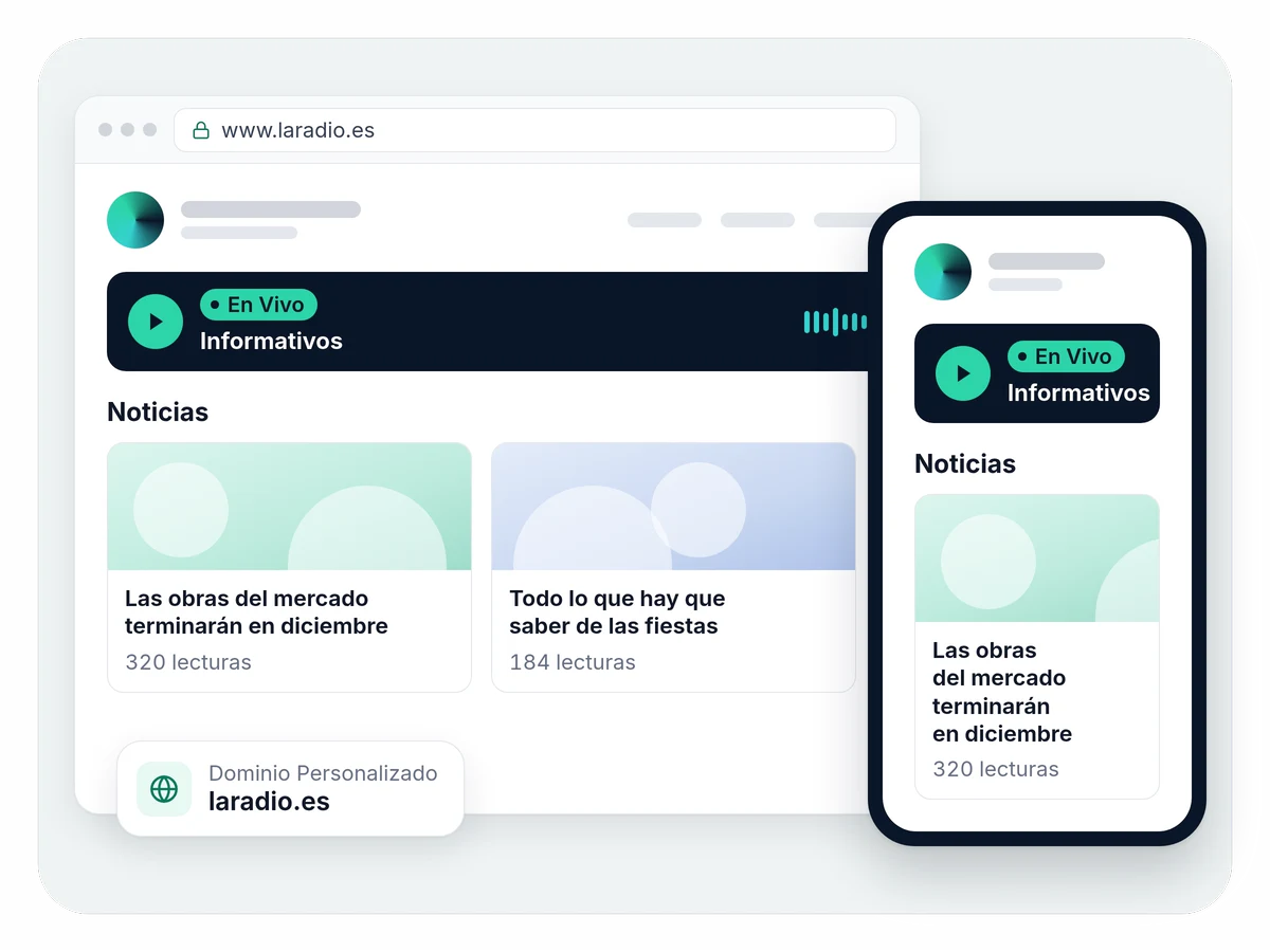La web de una radio con dominio propio, www.laradio.es, en un navegador y en un móvil, con el reproductor del directo y las noticias.