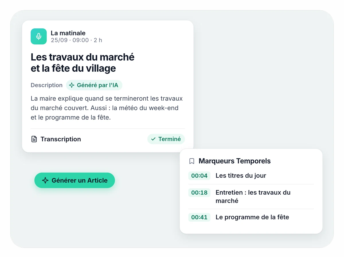 Un épisode de La matinale avec le titre et la description générés par IA, la transcription terminée, trois marqueurs temporels avec les sujets de l'émission et le bouton « Générer un Article ».