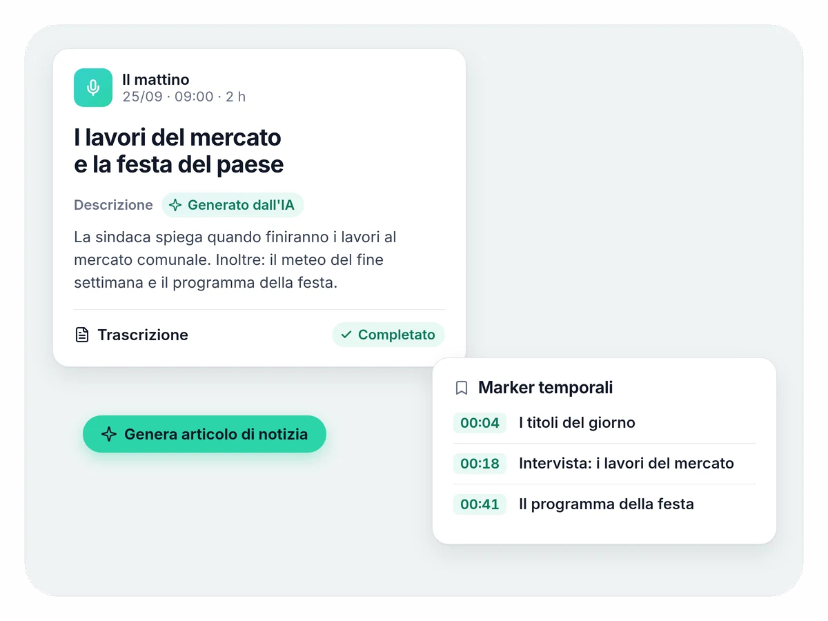 Un episodio de Il mattino con titolo e descrizione generati dall'IA, la trascrizione completata, tre marcatori temporali con gli argomenti del programma e il pulsante «Genera articolo di notizia».